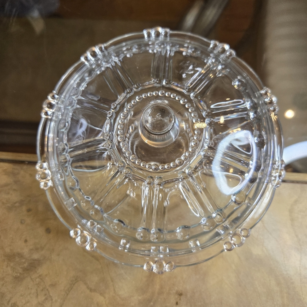Vintage KIG Indonesia clear glass covered candy dish in the "Oyster Pearl Design
